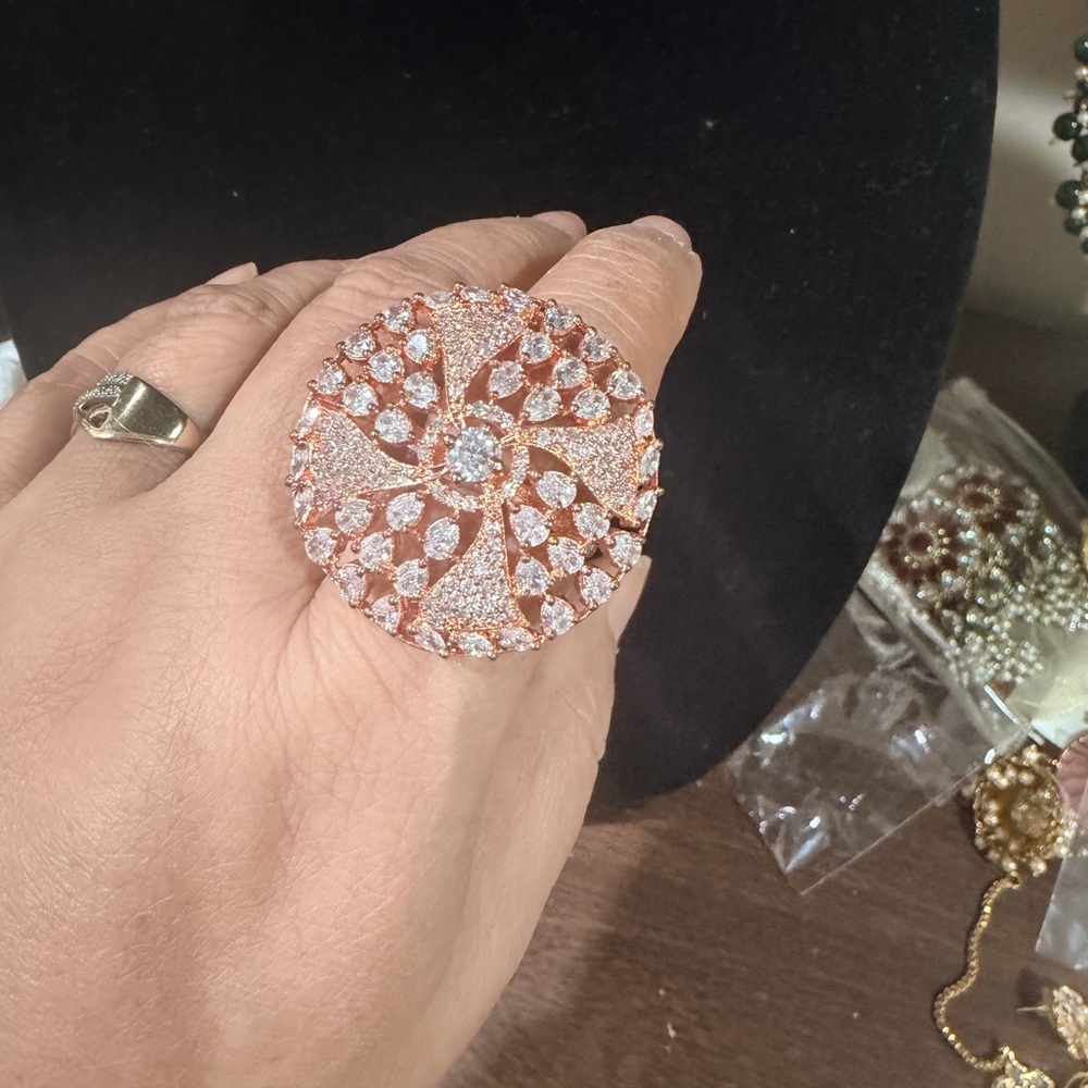 Pakistani Indian Desi Rose Gold Crystal Statement Ring - Sparkling Floral Design